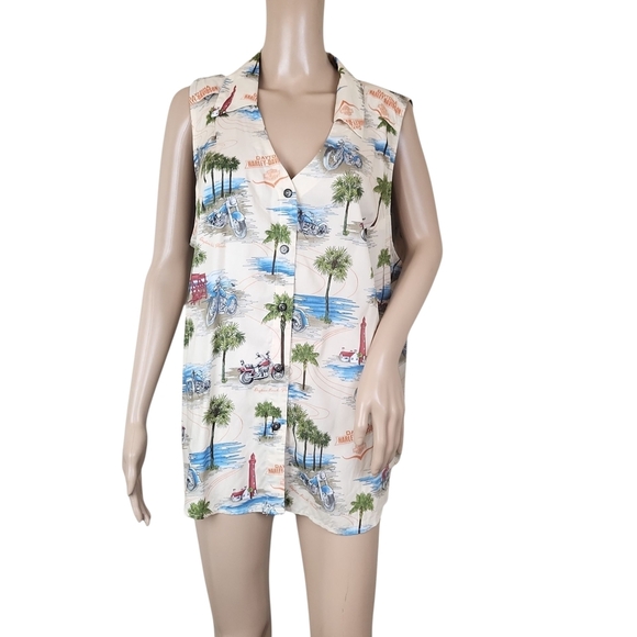 Motorcycle Tropical Print Sleeveless Palm Trees Button-Up Top 2XL - Picture 1 of 3